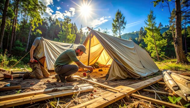 Man constructing a temporary outdoor shelter with lumber and tent materials in a sunny forest setting