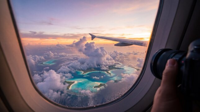 Close up of photographer hand holding camera lens looking through oval airplane window at plane wing, puffy clouds and tropical coral reefs during golden hour sunset