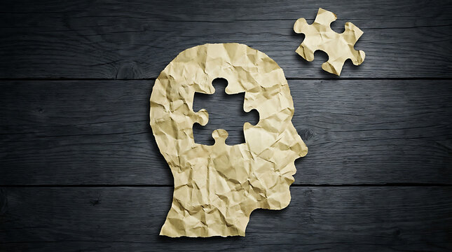 Human head profile made of crumpled paper with a missing puzzle piece on a dark wooden background representing mental health and memory loss.
