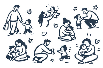 Fototapeta na wymiar Parent and Child Family Moments Set Navy Doodle Sketch Vector