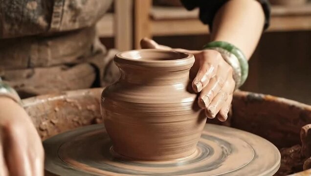 Potter's hands shaping clay on a spinning pottery wheel with jade bracelets ceramics