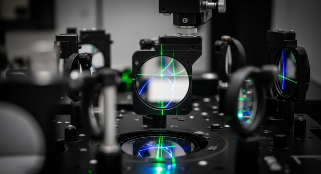 Intricate Laser Optics Experiment Setup in a Modern Scientific Laboratory