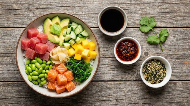 Salmon and tuna poke bowl top view food photography on wooden table background