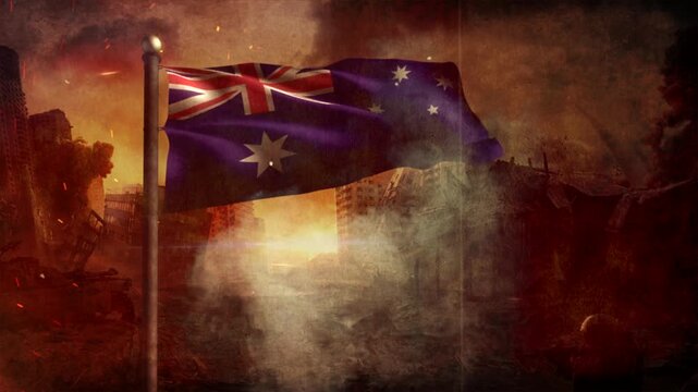 Australia Flag with Cinematic Apocalypse Scene and Burning City