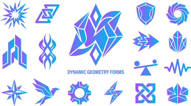 Dynamic geometry forms and abstract shapes with crystalline structures and sharp edges.