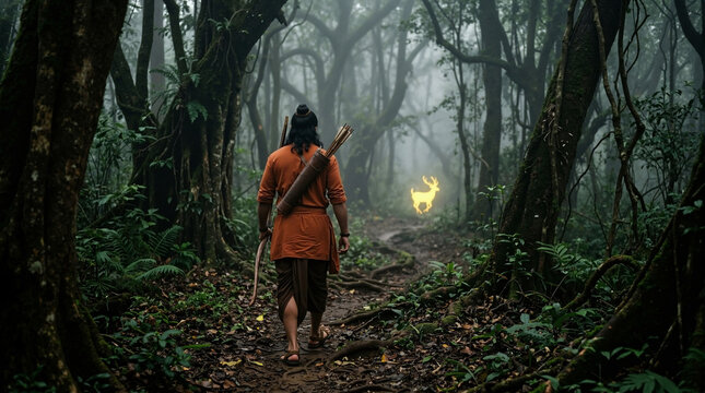 Adventurer walking through mystical forest with fog and glowing deer. Forest pathway leads deeper into woods surrounded by dense trees and vibrant greenery.