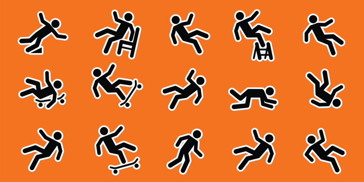 Collection of stick figure icons showing various falling accidents, slipping, tripping, and falling from height. Perfect for safety signs, warning labels, and injury prevention concepts.