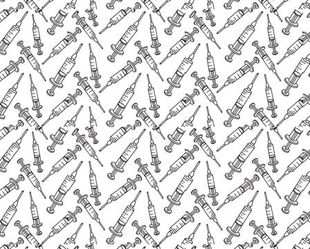 Medical syringe seamless pattern, hand drawn sketch of hypodermic needles for vaccination, black and white healthcare vector background for medicine and pharmacy