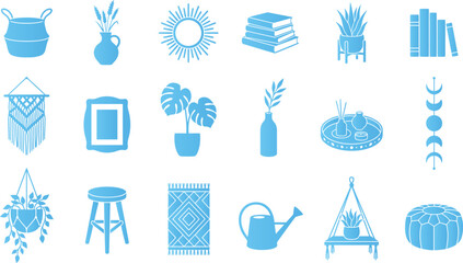 Bohemian style home decor and interior design icons featuring plants baskets and furniture. © Sabbir
