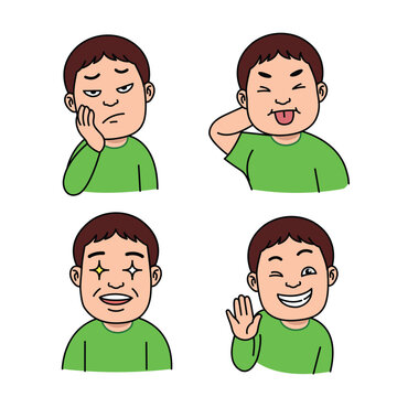Set of a cute boy with different facial expressions and hand gestures. Including happy, playful, thinking, and excited. Vector illustration isolated on a white background.