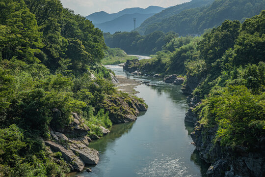夏の長瀞町・荒川渓谷を望む緑豊かな清流風景