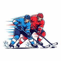 Fototapeta premium Two hockey players in a fast-paced game illustration