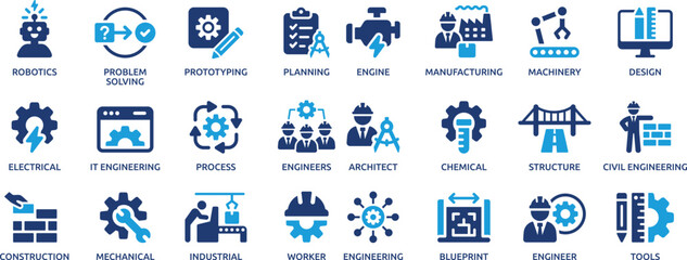Fototapeta premium Engineering and Industrial Technology Blue Icons Set for Manufacturing Construction Robotics and Mechanical Design
