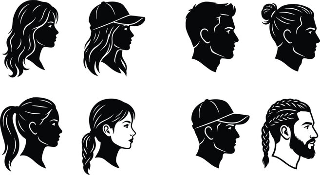 Collection of diverse human head silhouette profiles featuring various hairstyles, caps, ponytails, braids, and beards in minimalist graphic style