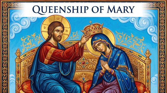 Coronation of Mary by Jesus, religious icon, blue and gold