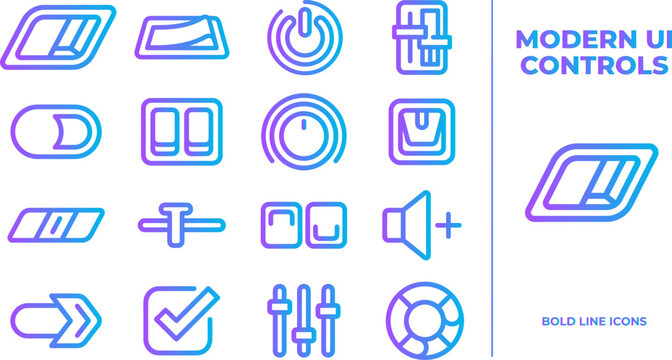 Modern ui controls icons set toggle switch button volume dial slider equalizer on off power symbols thin outline.