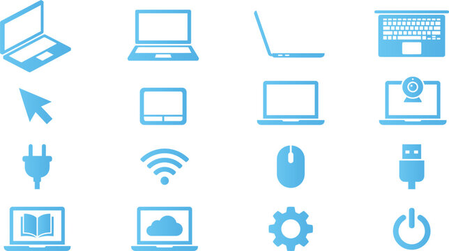 Collection of blue laptop and computer icons isolated on white background.