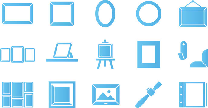Set of blue picture frames and art display elements on white background.