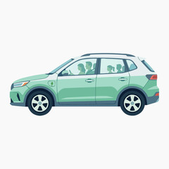 Fototapeta premium Family driving in a green electric SUV with eco friendly symbol on the side