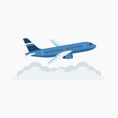 Fototapeta premium Blue airplane flying above clouds with world map pattern on fuselage