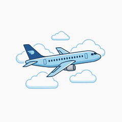 Fototapeta premium Cartoon airplane flying through clouds with blue accents and white background