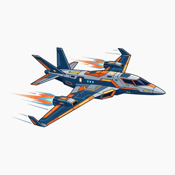 Futuristic jet airplane with orange and blue accents flying with flames from engines