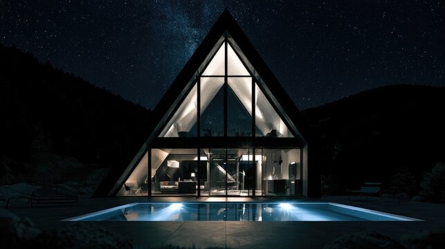 Modern A Frame Cabin with Pool Under Starry Night Sky
