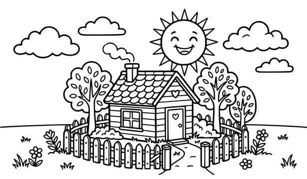 Kids coloring book outline vector of cozy house with ornamental trees fences clouds and smiling sun