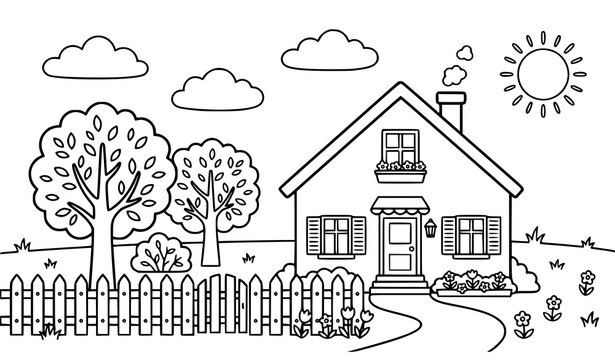 Cute house and ornamental trees coloring book vector outline with fences clouds and sun for children