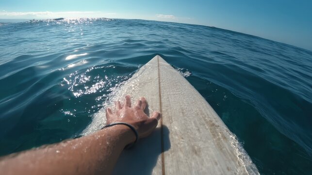 Surfer's Hand on Surfboard in Ocean