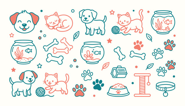 Pet care icon set with cute dogs cats and fish for veterinary and pet shop branding