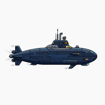 Modern dark blue submarine sailing underwater with propellers and periscope