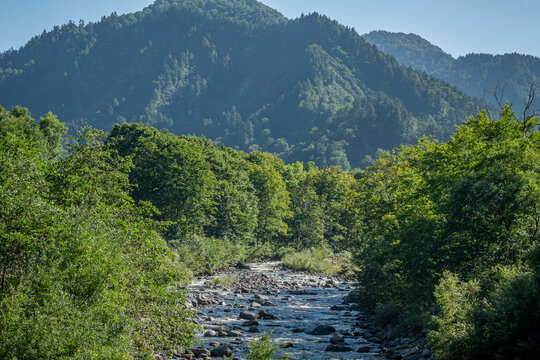 初秋の只見川と山深い渓流風景（新潟県魚沼市）