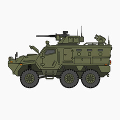 Fototapeta premium Armored military vehicle with machine gun and missile launcher on white background