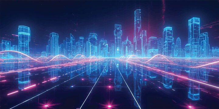 An abstract digital blue background with binary code illustrates a glowing wave of technology and data energy