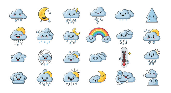 Large collection of cute cloud mascot icons representing different weather conditions like sun, rain, snow, moon, and rainbow.