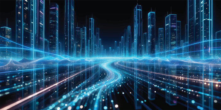 An abstract futuristic binary code background featuring a blue digital network pattern over a dark night city skyline, representing a modern technology and business data concept