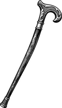 Classic wood grain walking cane with curved handle engraved style