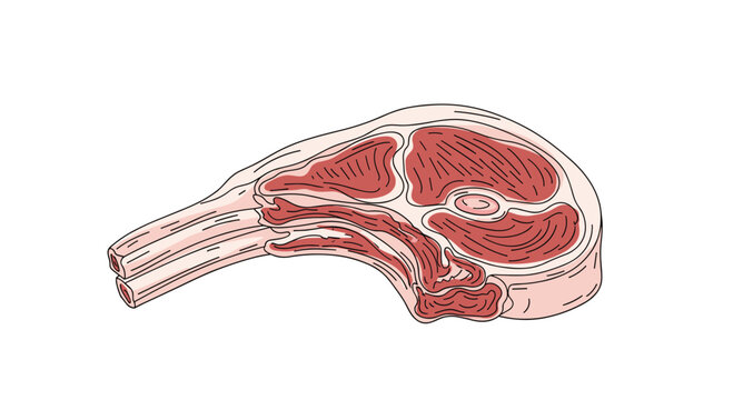 Detailed illustration of a raw lamb chop with bone on plain white background showing meat texture and fat for culinary use.