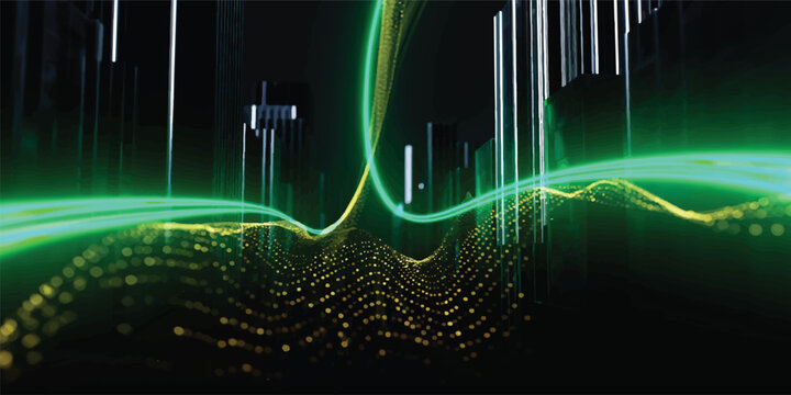 An abstract green background featuring a digital energy wave and technical data charts to illustrate a modern medical monitor displaying a vibrant heartbeat pulse line
