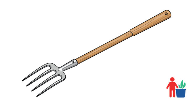 Long-handled garden pitchfork with steel tines and wooden handle isolated on white background for farming and agriculture.