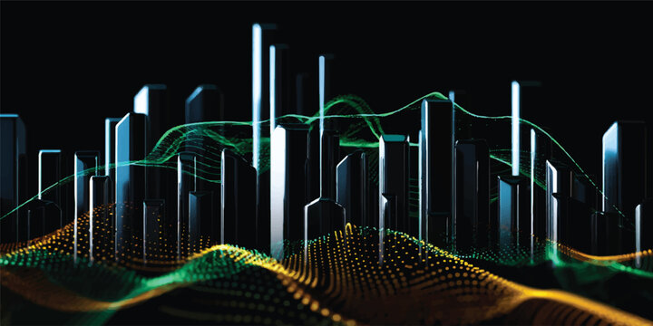 An abstract sound wave design integrates financial market data charts and technology bar graphs to illustrate business growth and digital investment concepts