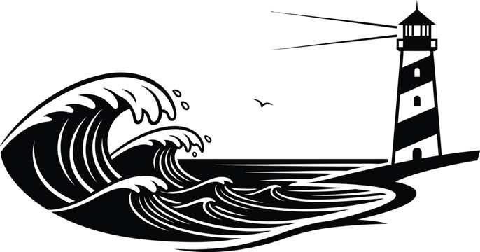 Black and white lighthouse illustration with big ocean waves and a small bird isolated on transparent background, isolated on white background, Vector