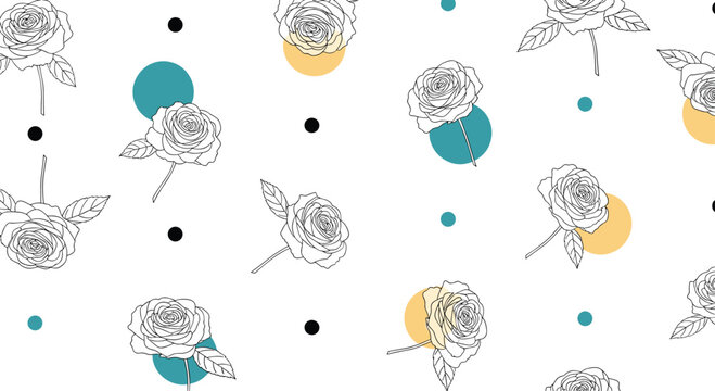 Elegant pattern of black outline rose sketches and teal and yellow circles on white background for floral themed design.