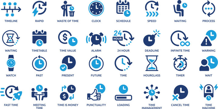 Time and Schedule Management Blue Business Icons Set for Deadlines Timers Productivity and Planning