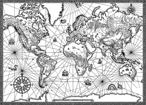 Detailed vintage world map with rhumb lines and compass rose for maritime navigation