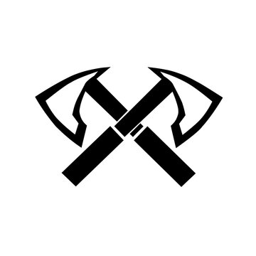 Minimalist black crossed axes logo with a clean sharp silhouette. Strong twin hatchet warrior weapon emblem ideal for lumber industries, outdoor adventure brands, woodcrafts, and gaming teams