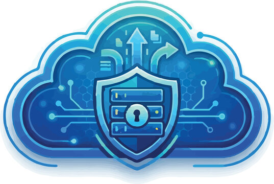 Cloud computing security icon, blue digital data protection shield, secure server storage network, cyber security technology eps vector