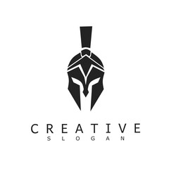 Symmetrical Spartan helmet logo icon with sharp geometric contours. Fierce black warrior mascot vector illustration ideal for e-sports clubs, martial arts academies, and team branding © pramurti