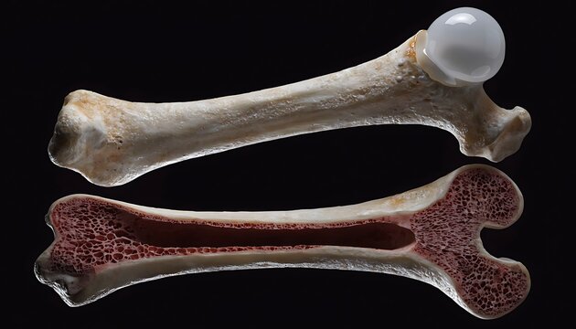 Photorealistic 3D render of human femur bones cross-section anatomy display on black background
